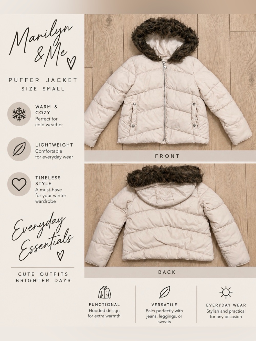Maralyn & Me Cream Puffer Jacket with Faux Fur Trim